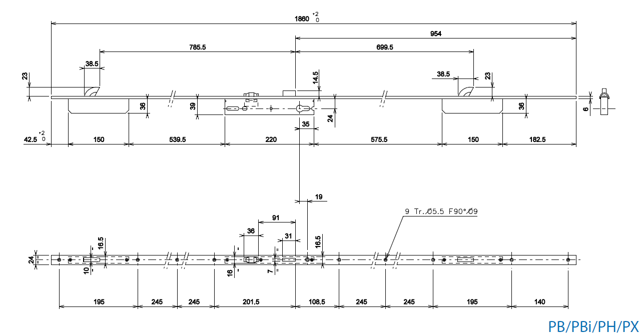 T1004 - Serrure 3 points à rouleau TECHNAL gamme PB/PH/PX