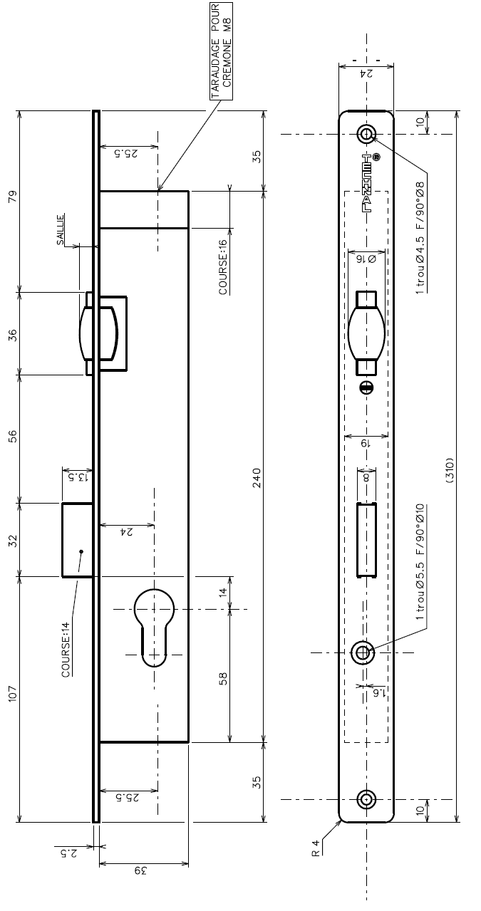 T1012 - Serrure 3 points à rouleau TECHNAL gamme PG