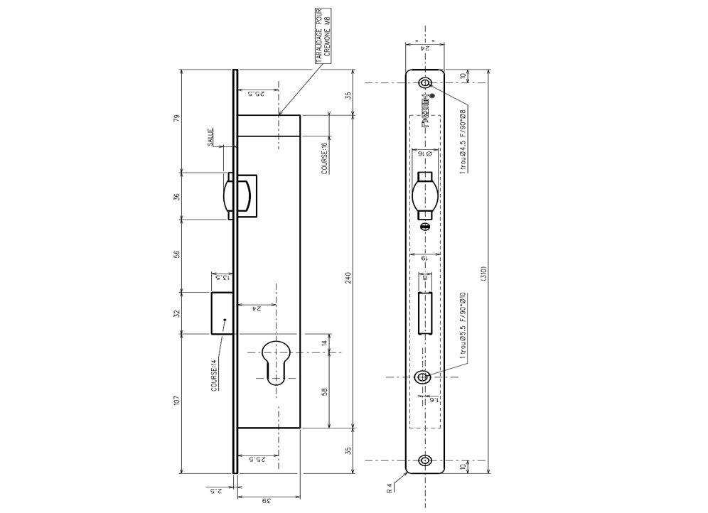 T1012 - Serrure 3 points à rouleau TECHNAL gamme PG