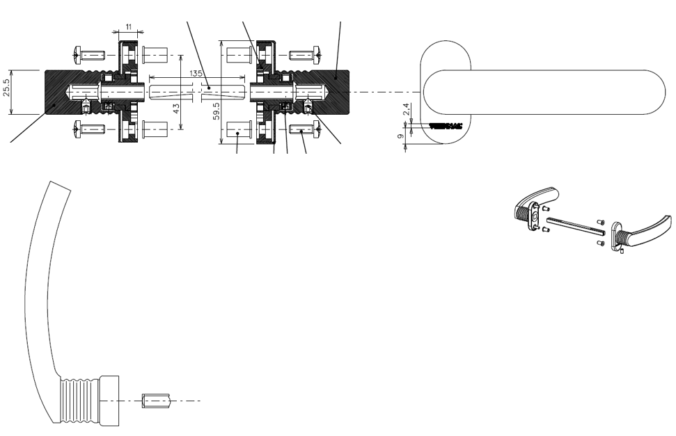 T2068 - Poignée de porte TECHNAL gamme TOPAZE PB/PK