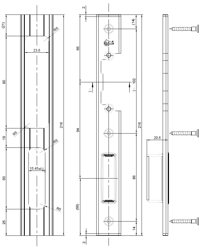 TPY6029 - Gâche plate droite poussant TECHNAL gamme SOLEAL PY/PH65