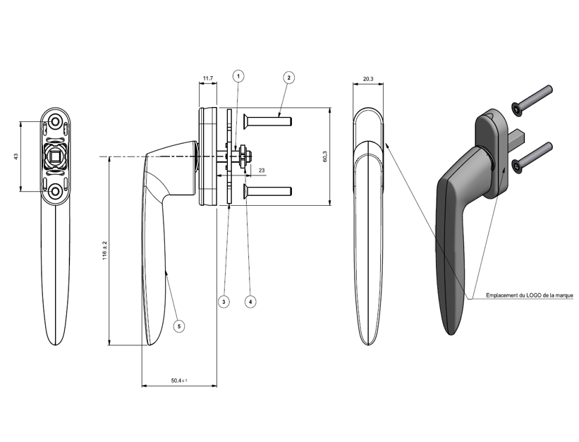 TFY6064 - Crémone avec carré de 23mm TECHNAL gamme SOLEAL FY