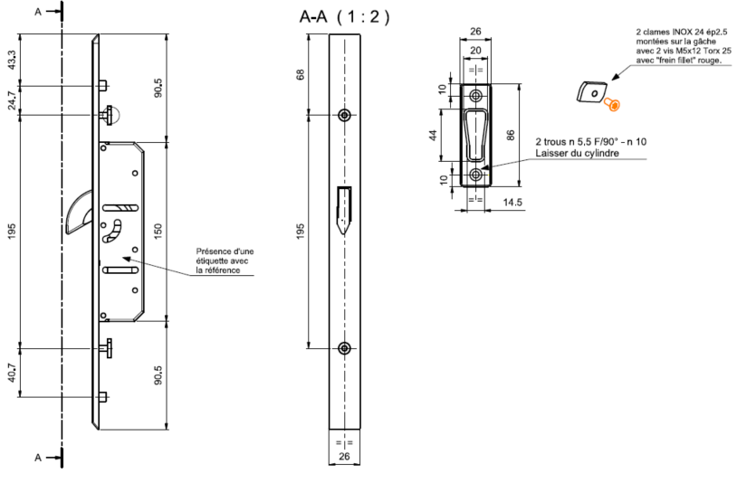 T920008 - Pêne basculant latéral TECHNAL gamme SOLEAL PY