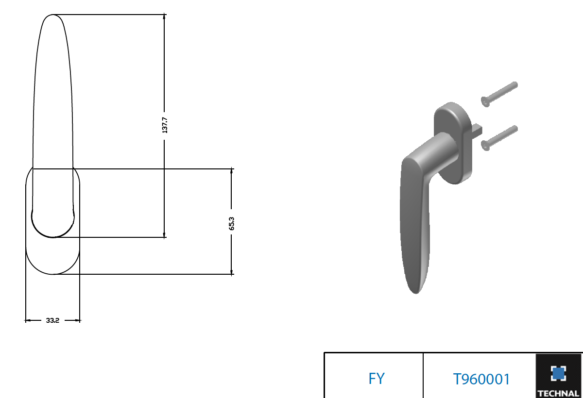 T960001 - Poignée crémone à carré de frappe TECHNAL gamme SOLEAL FY