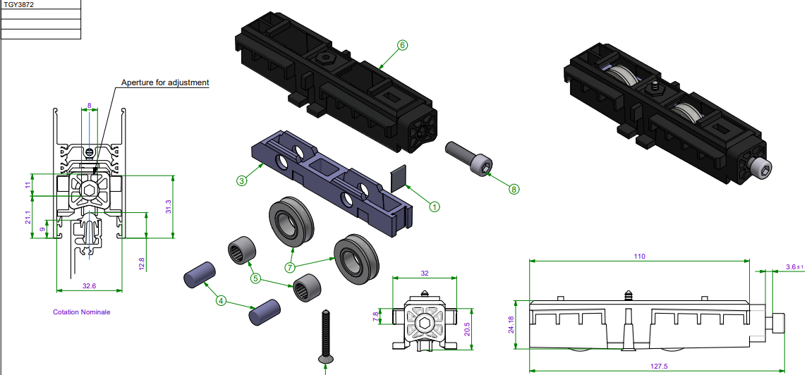 TGY3872 - Roulette double inox réglable TECHNAL gamme SOLEAL GY