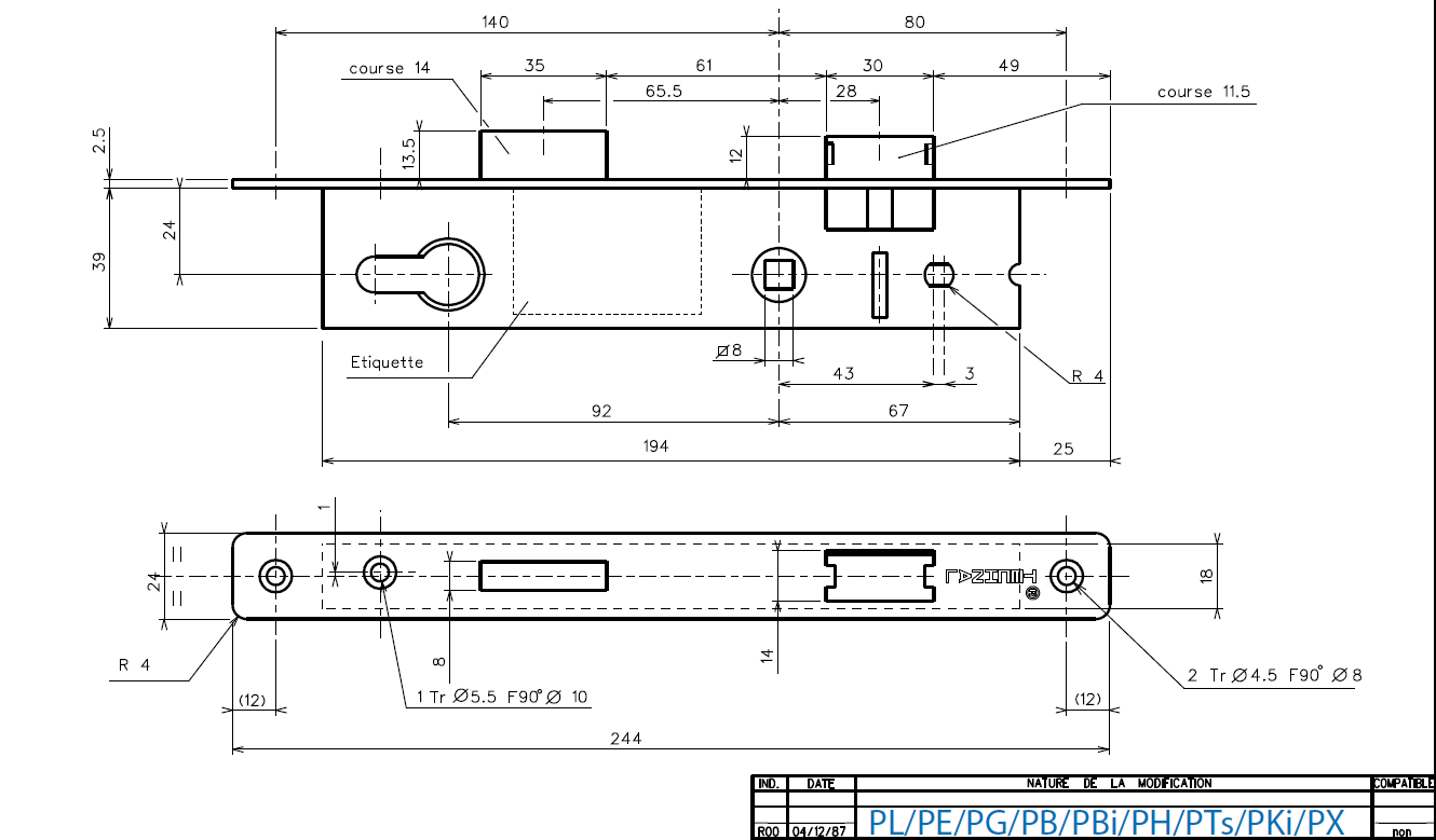 T1020 - Serrure 1 point à pêne 1/2 tour TECHNAL gamme PB/PX/PL/PH
