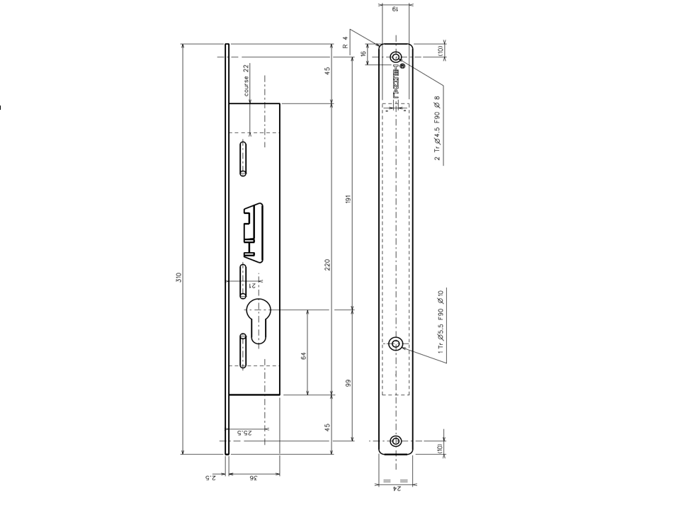 T1023 - Serrure 2 points TECHNAL gamme PE/PG/PH
