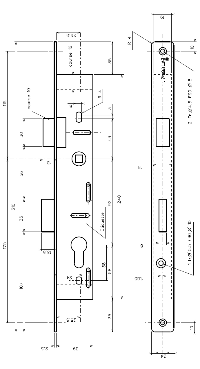 T1024 - Serrure 3 points à pêne TECHNAL gamme PE/PG/PH/PL/PK