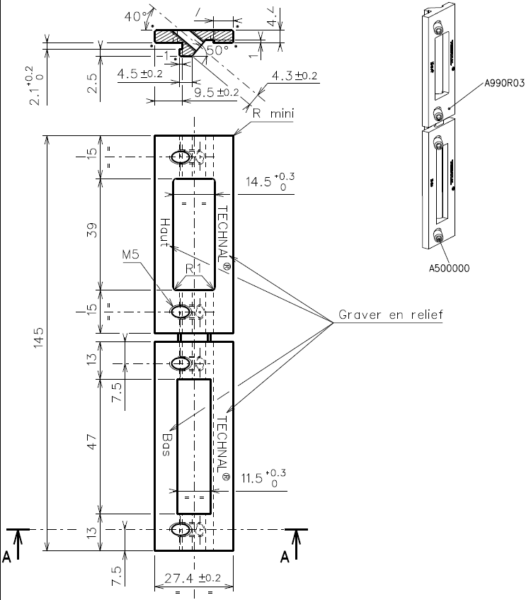 T1279 - Gâche porte TECHNAL gamme TEC/PE
