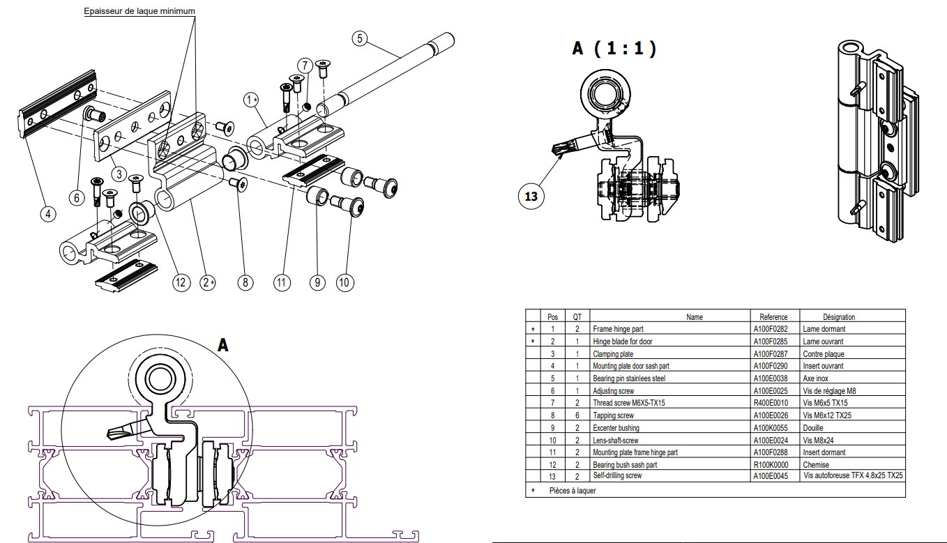 TPY3615 - Paumelle à clamer 3 lames 150kg axe. inox TECHNAL gamme SOLEAL PY