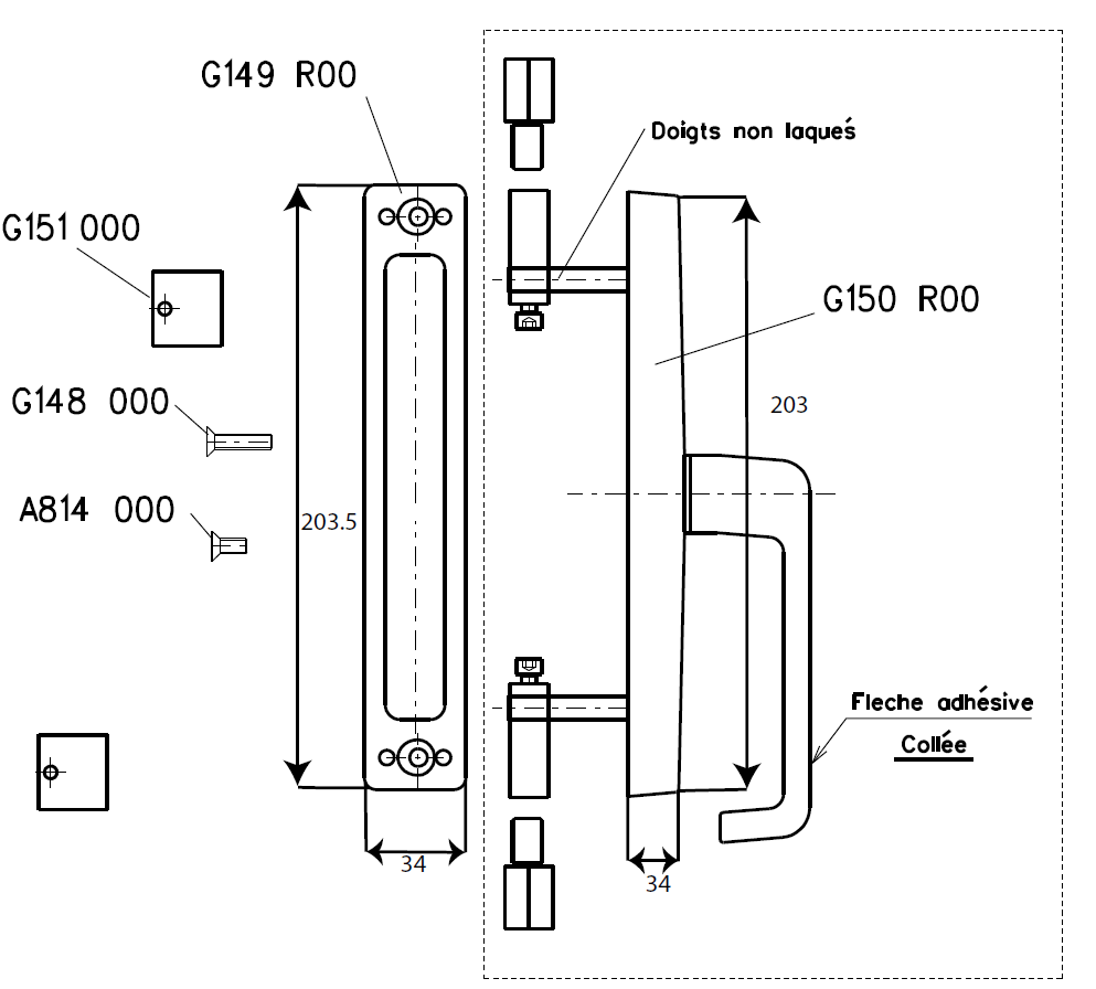 T7967 - Ensemble crémone pompier droite poussant TECHNAL gamme PH