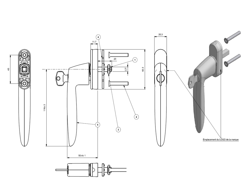 TFY6063 - Crémone à clé avec carré de 23mm TECHNAL gamme SOLEAL FY