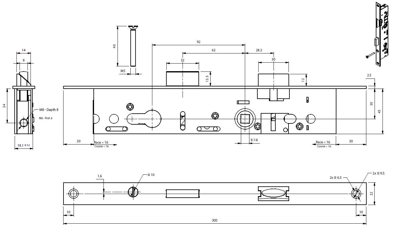 TPW6012 - Serrure 3 points avec adaptateur, TECHNAL gamme AMBIAL PW