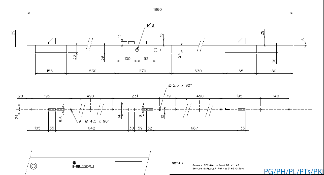 T1015 - Serrure 3 points à pêne basculant TECHNAL gamme PG/PH/PL