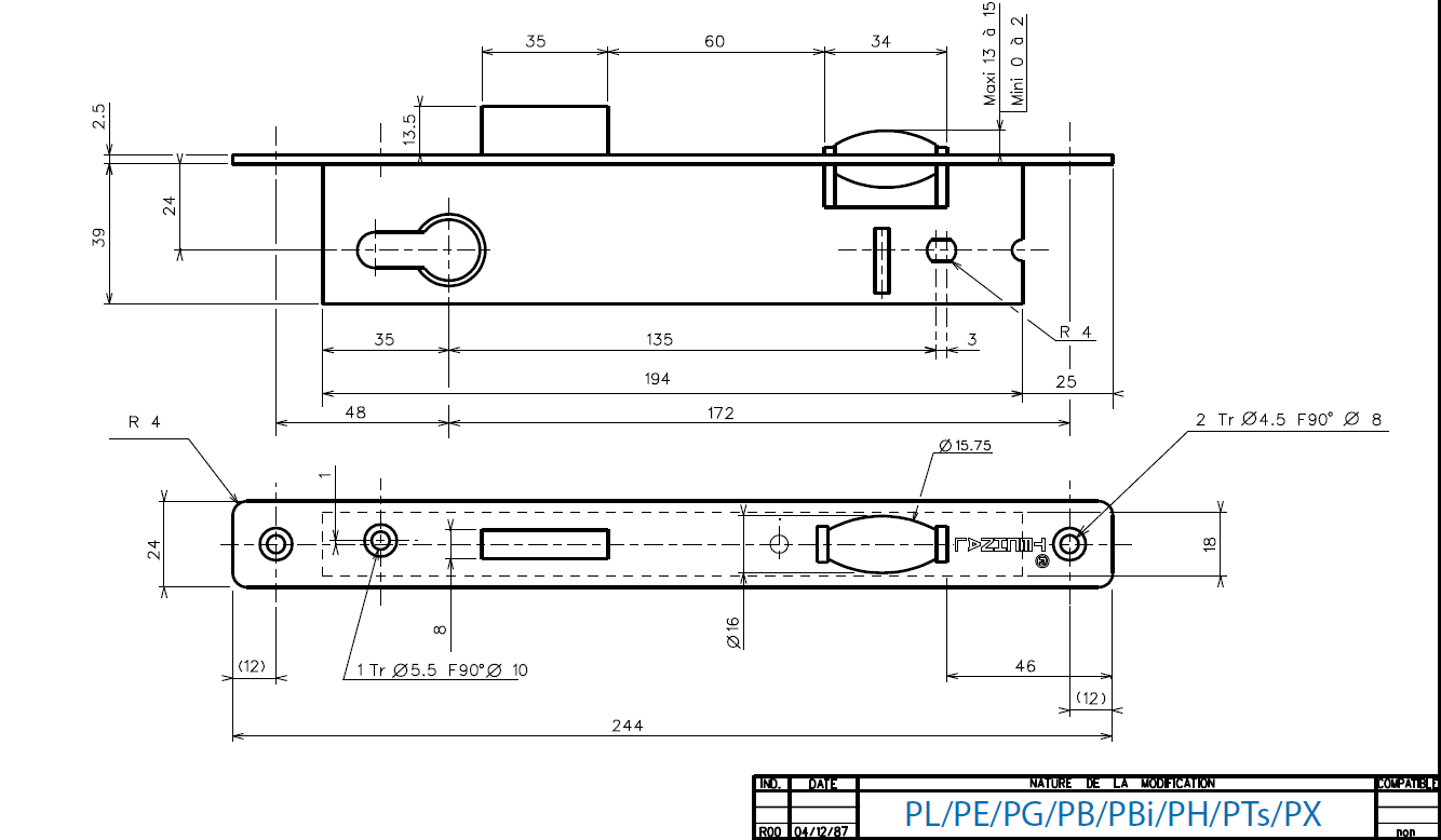 T1021 - Serrure 1 point à rouleau TECHNAL gamme PB/PX/PL/PH