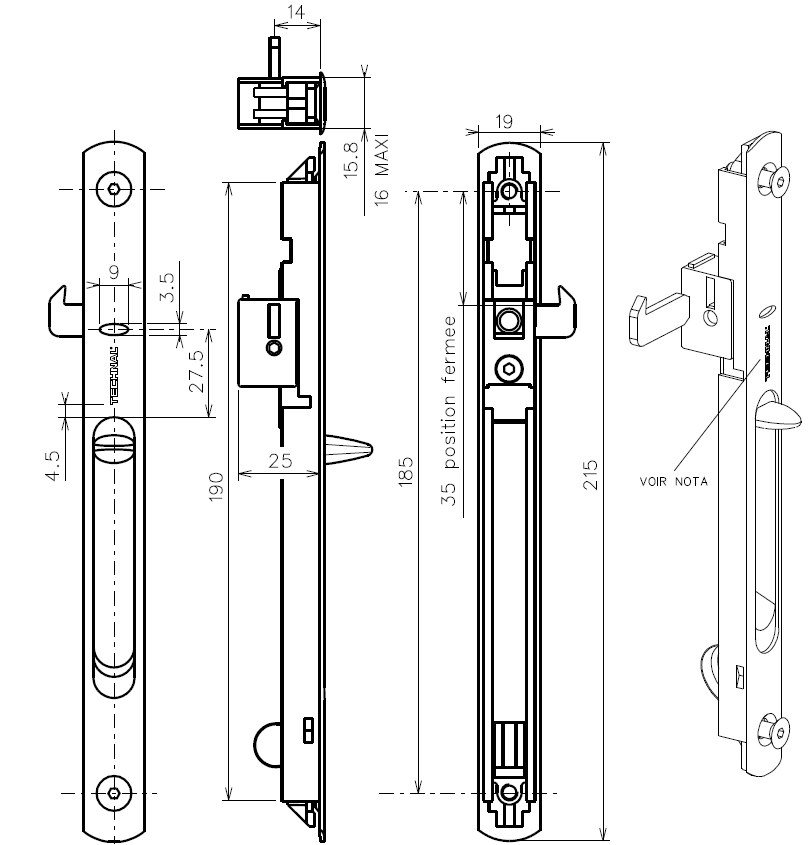 T3079 - Fermeture simple à levier TECHNAL gamme GB