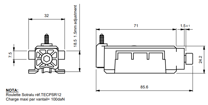 T441003 - Roulette simple réglable TECHNAL gamme SOLEAL GY