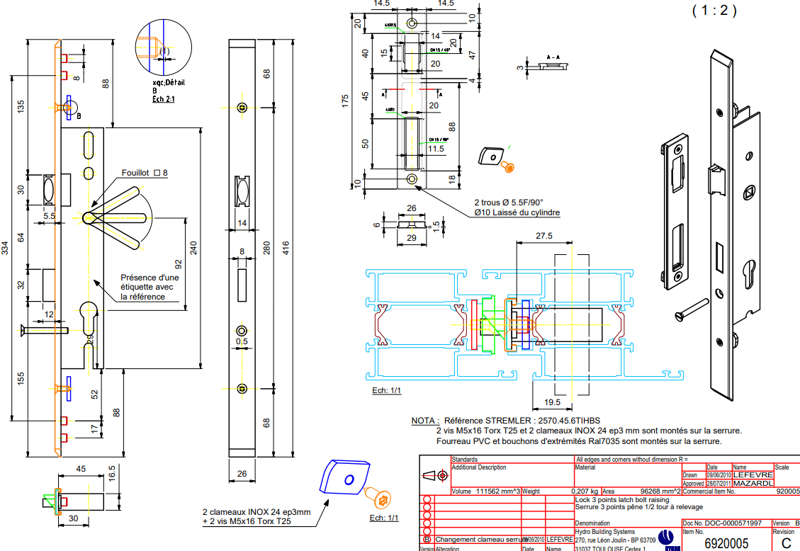 T920005 - Serrure 3 points à pêne 1/2 tour TECHNAL gamme SOLEAL PY