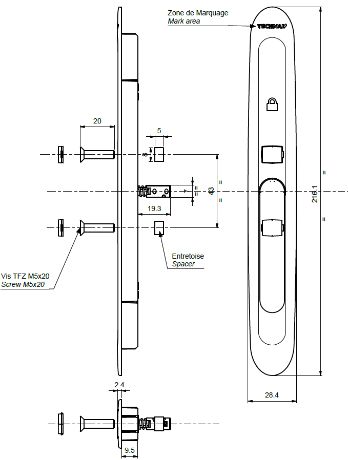 TGY6003 - Poignée cuvette à levier TECHNAL gamme SOLEAL GY